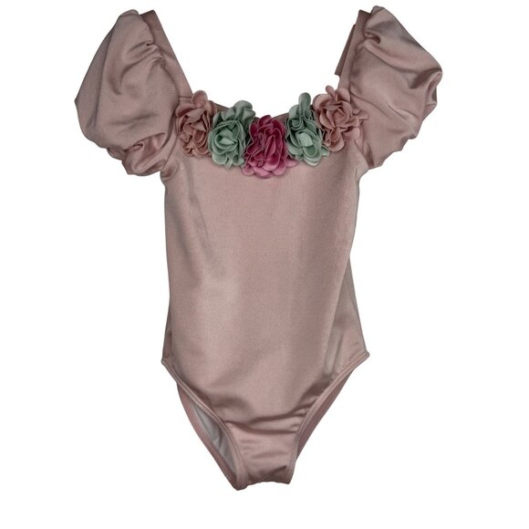 Janie & Jack Girl 4 Rosette Puff‎ Sleeve 1 Piece Swimsuit Crystal Rose 3D Floral - Picture 1 of 11